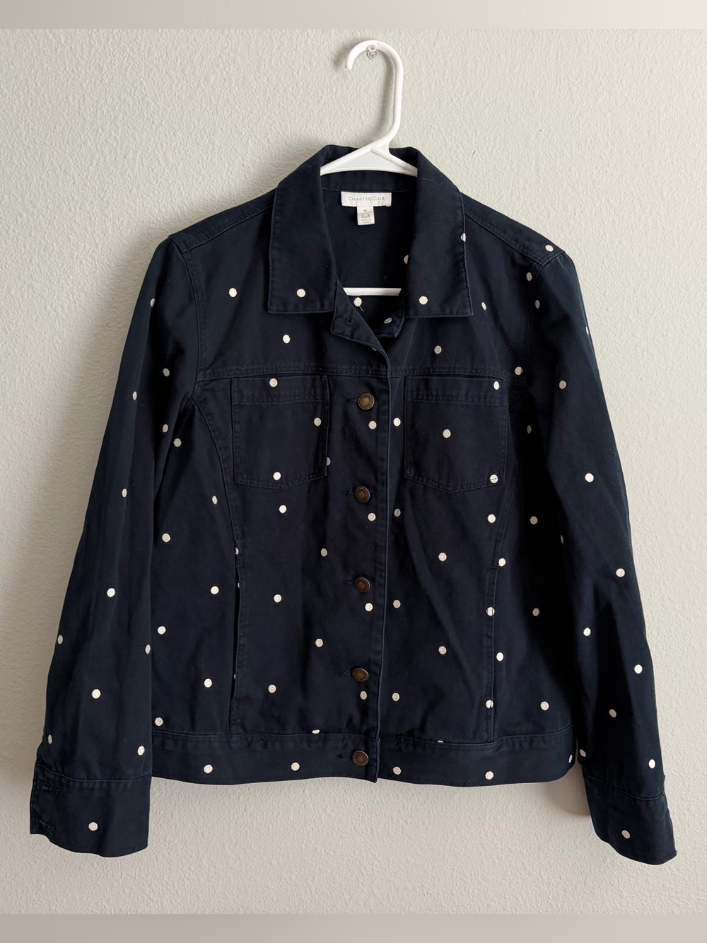 Charter Club Navy with White Polka Dot 100% Cotton Jacket- Size Medium